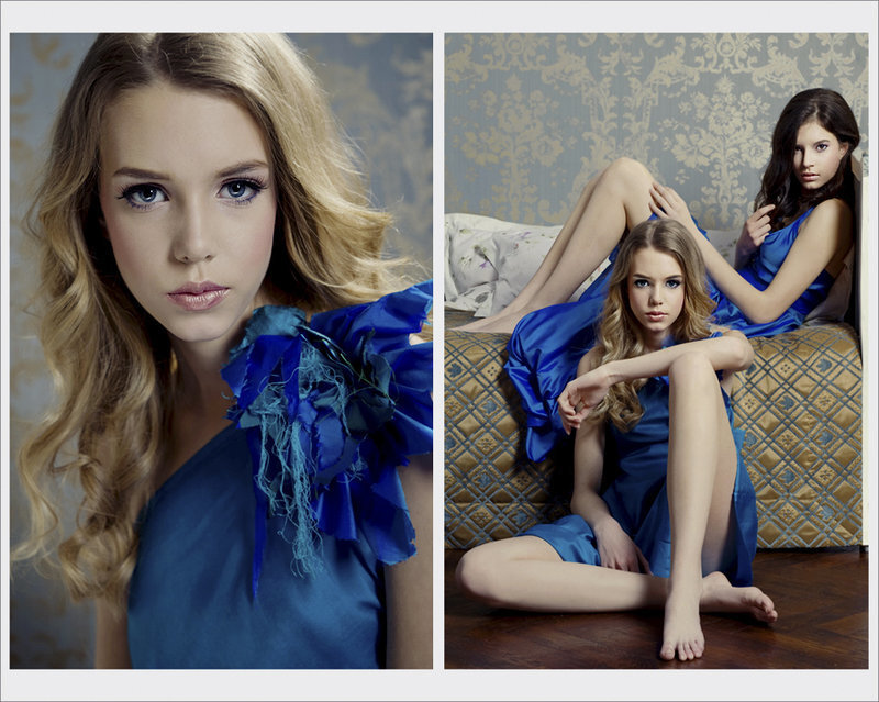 two women in blue dresses