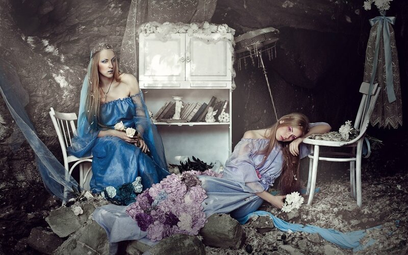 Two Women in Blue Dresses — Dramatic, Photograph