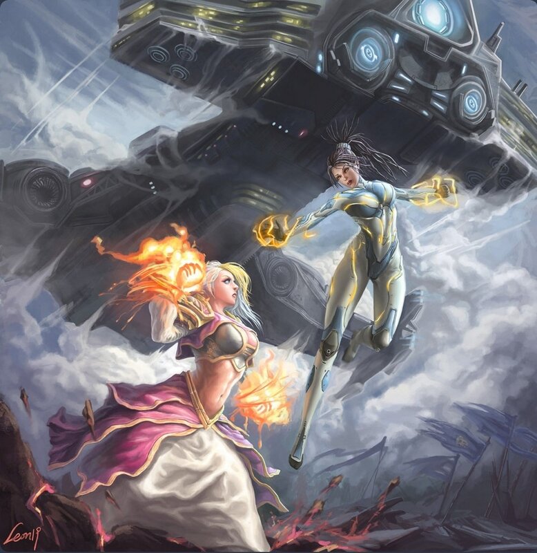 Two Women in Combat — Gray, Dramatic, Digital Art
