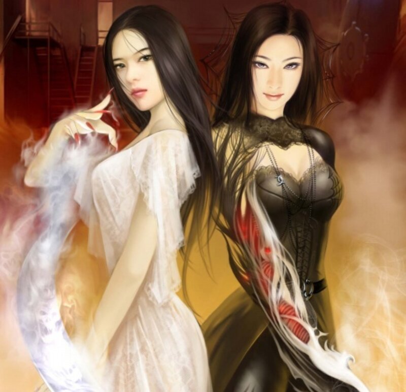 Two Women in Contrasting Outfits — Red