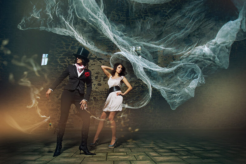 Two Women in Costumes — Black, Dramatic, Photograph, Top Hat