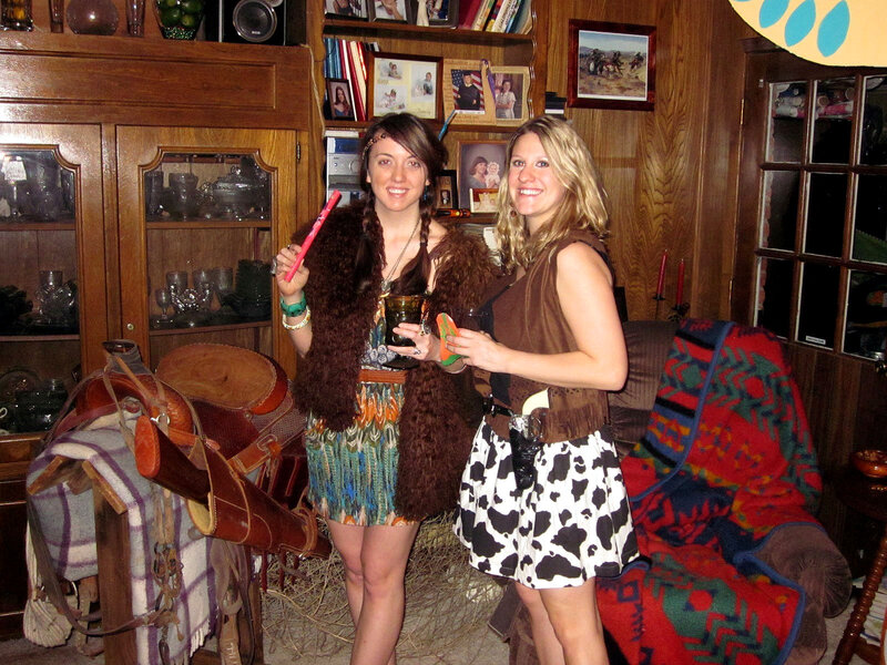 Two Women in Costumes — Brown, Happy