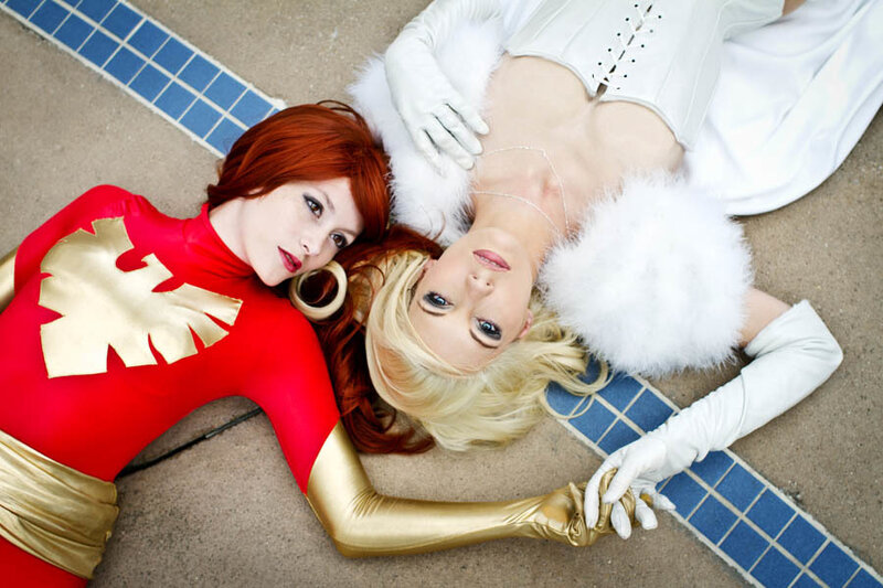 Two Women in Costumes — Red, Dramatic, Photograph