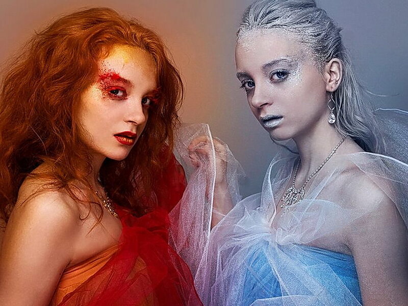 Two Women in Costumes — Red, Dramatic, Photograph, Tulle Fabric