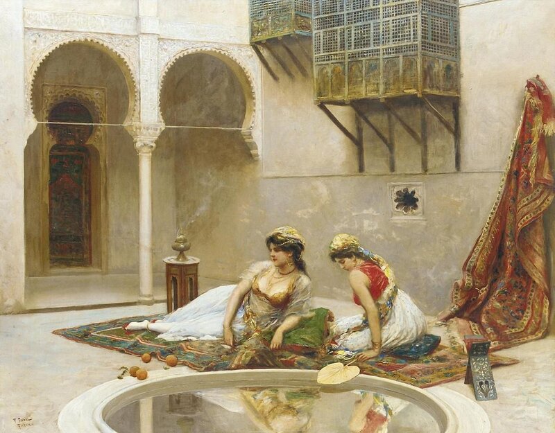 Two Women in Courtyard — White