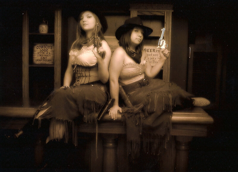 Two Women in Cowboy Attire — Sepia