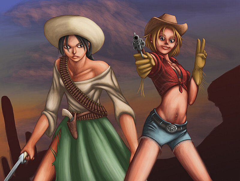 Two Women in Cowboy Hats — Brown, Dramatic, Sunset