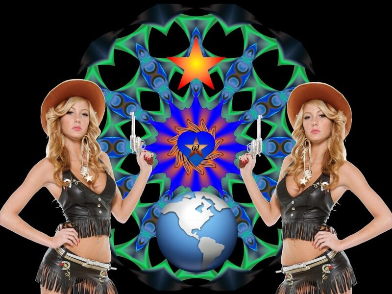 Two Women in Cowboy Outfits — Black, Dramatic, Digital Art