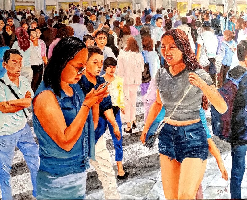 Two Women in Crowd — Blue