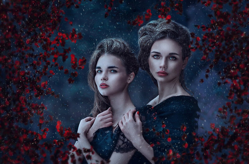 Two Women in Dark Dresses — Black, Dramatic, Night