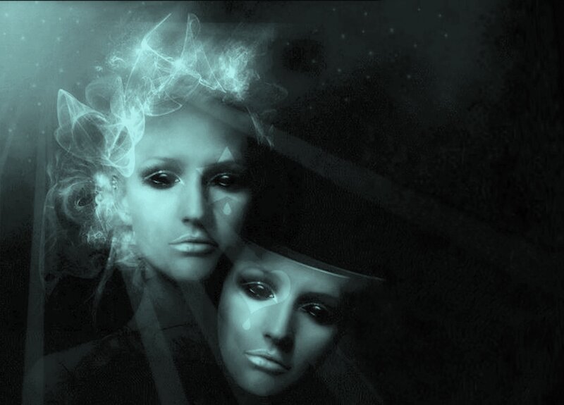 Two Women in Dark Scene — Black, Dramatic