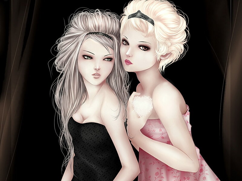 Two Women in Dresses — Black, Dramatic, Digital Art