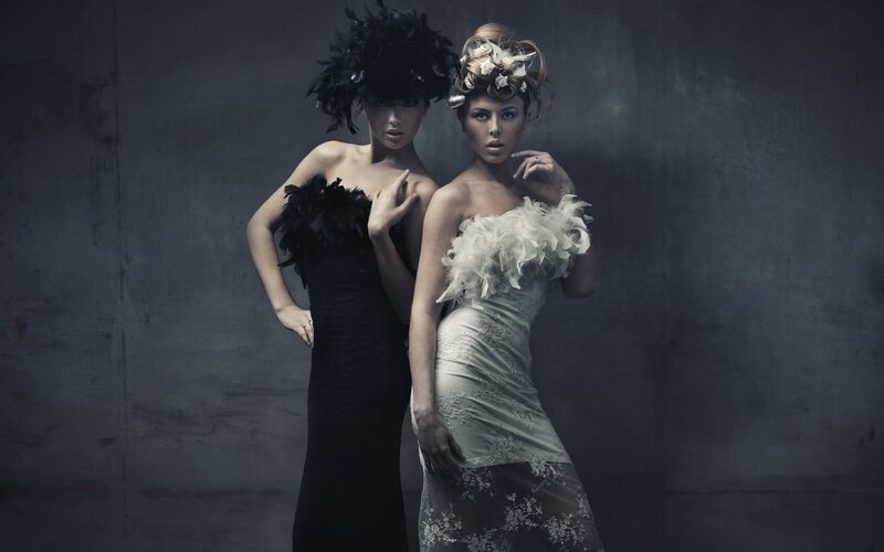 Two Women in Dresses — Black, Dramatic, Photograph, Feather Dress