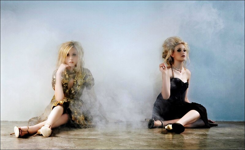 Two Women in Dresses — Black, Dramatic, Photograph