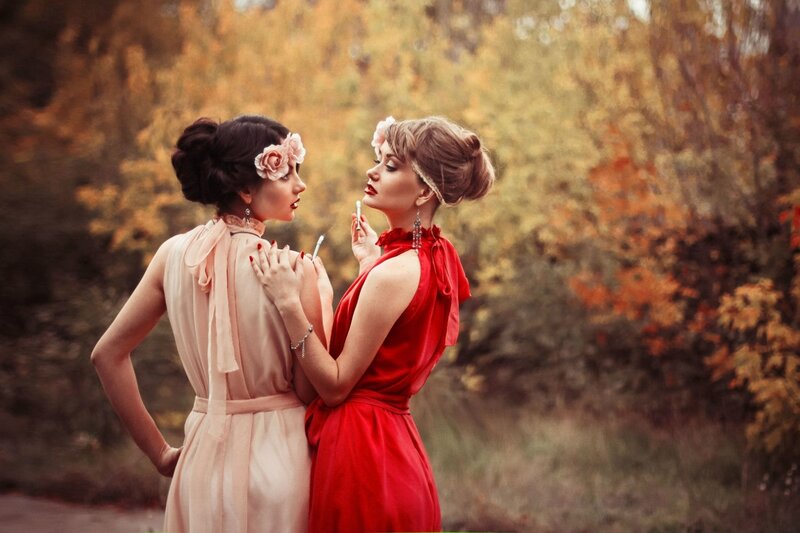 Two Women in Dresses — Red, Dramatic, Autumn