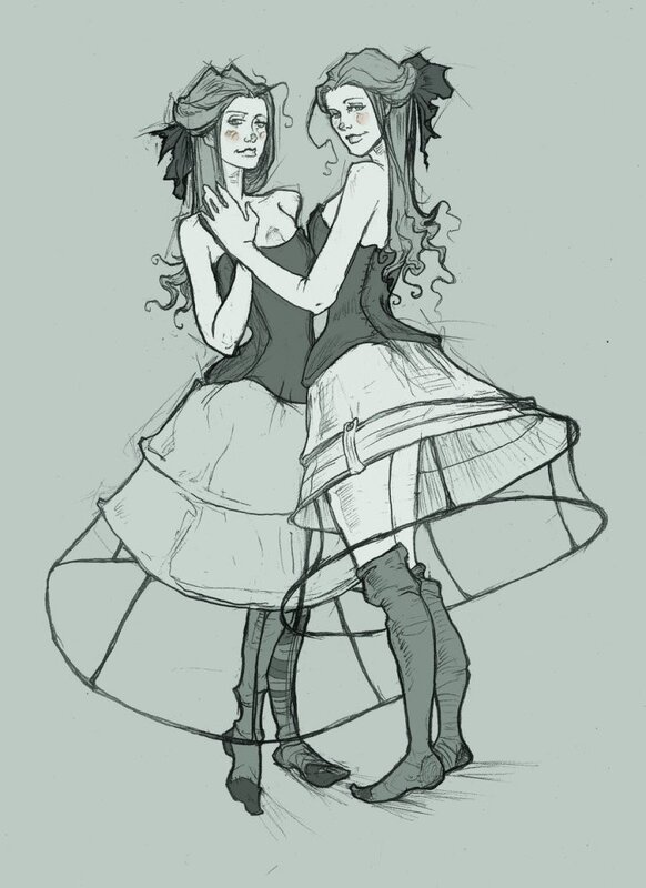 two women in dresses sketch