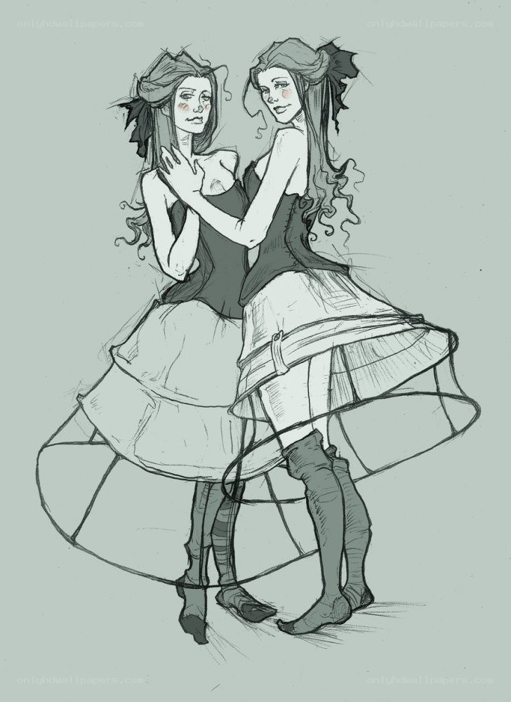 two women in dresses sketch