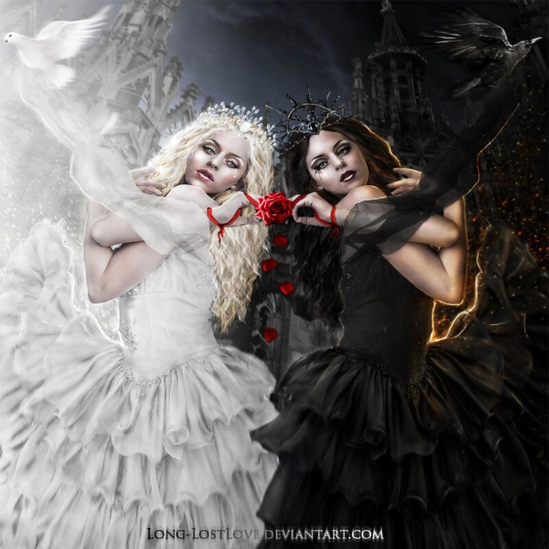 Two Women in Dresses — White, Dramatic