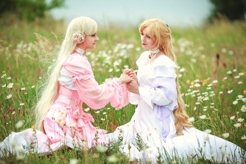 Two Women in Dresses — White, Serene, Afternoon, Photograph