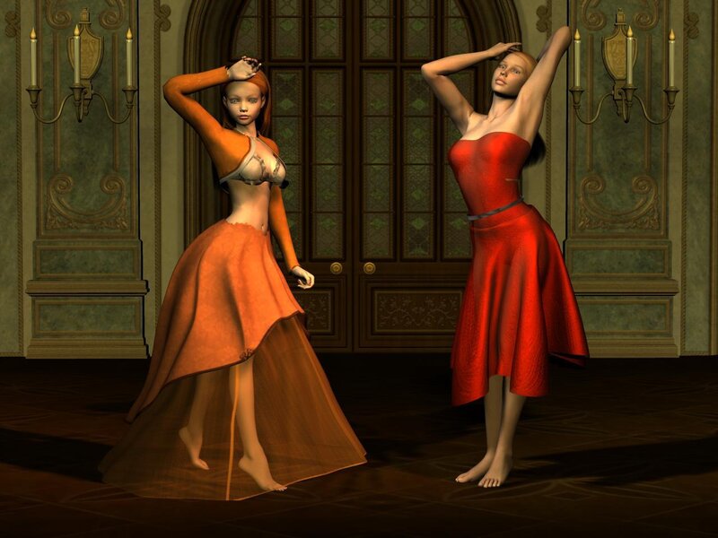 Two women in elegant gowns