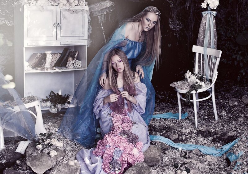 Two Women in Fantasy Attire — Blue, Dramatic, Night
