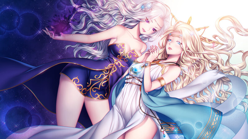 Two Women in Fantasy Attire — Purple, Dramatic, Night, Digital Art