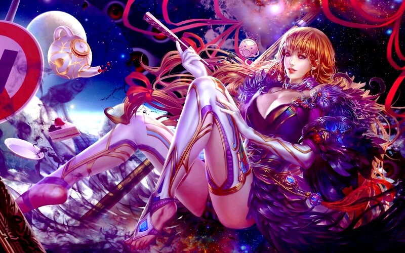 Two Women in Fantasy Attire — Purple, Dramatic, Night
