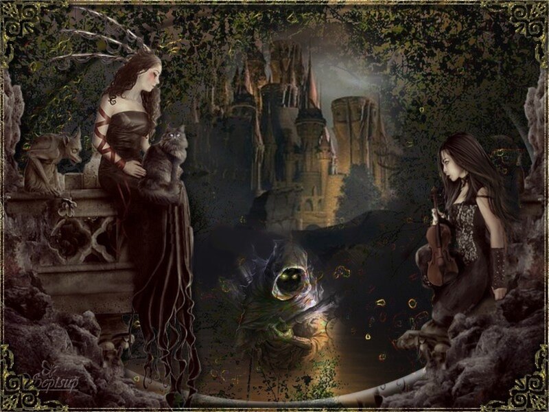 Two Women in Fantasy Scene — Dark Brown