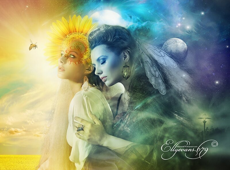 Two Women in Fantasy Scene — Yellow