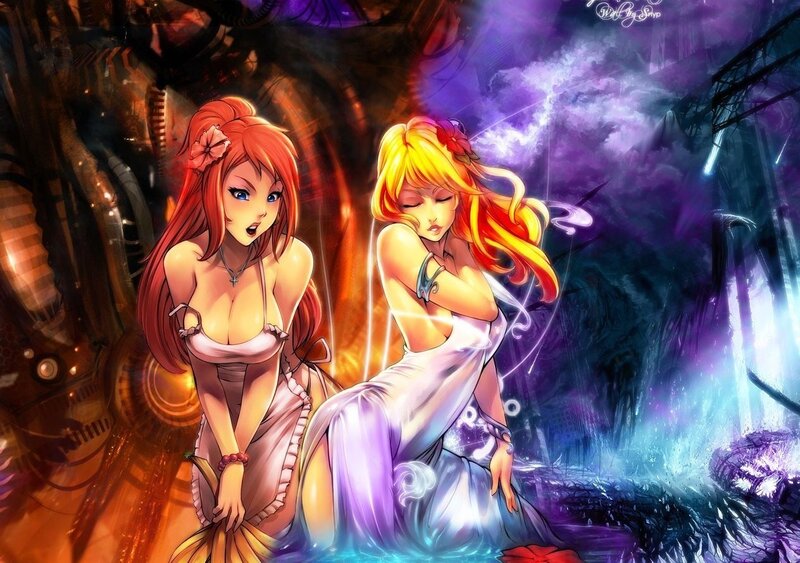 Two Women in Fantasy Setting — Purple, Dramatic