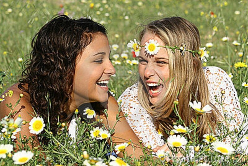 Two Women in Field — Green, Joyful