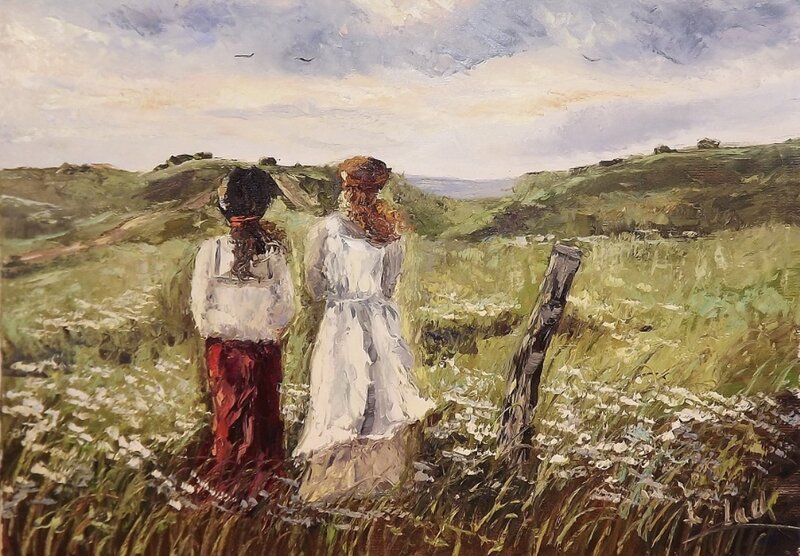 Two Women in Field — Green, Serene, Afternoon, Painting