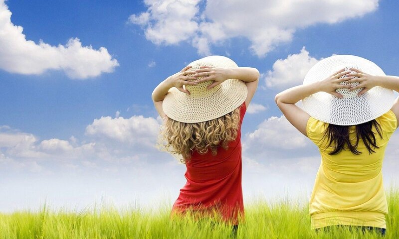Two Women in Field — Green, Serene, Afternoon, Photograph
