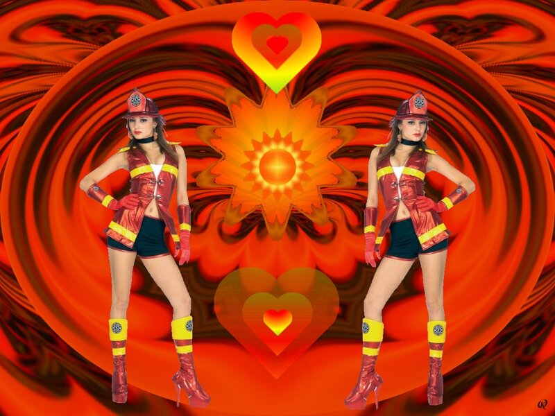 Two Women in Firefighter Costumes — Red, Vibrant