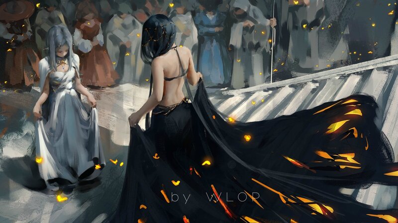 Two Women in Flowing Dresses — Black