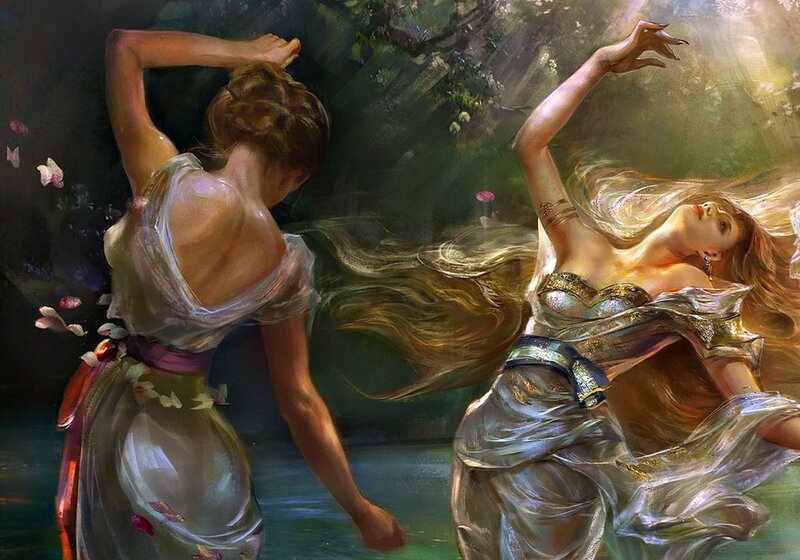 Two Women in Flowing Dresses — Green