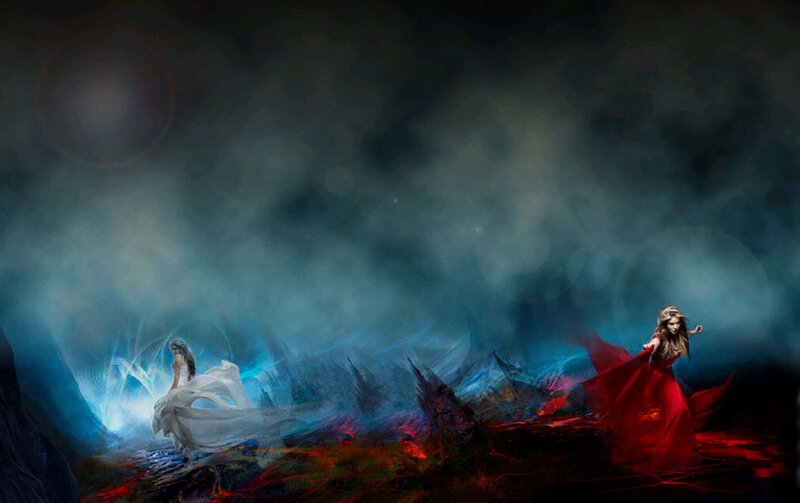 Two Women in Flowing Dresses — Red