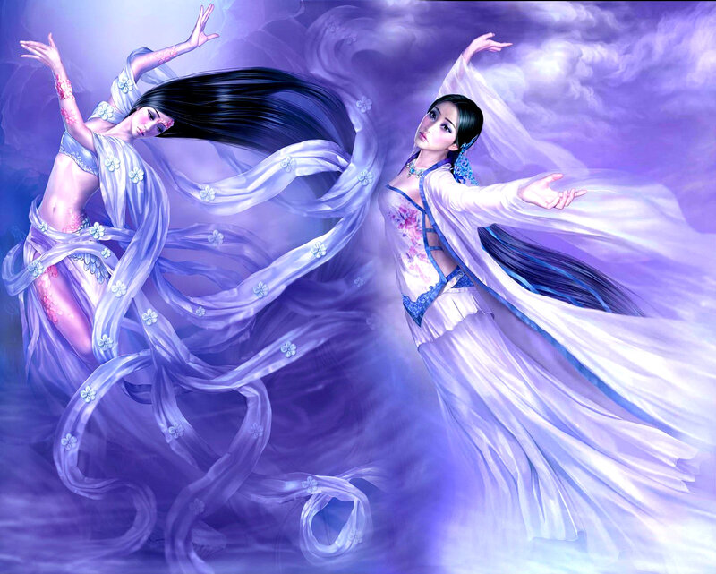 Two Women in Flowing Robes — Purple
