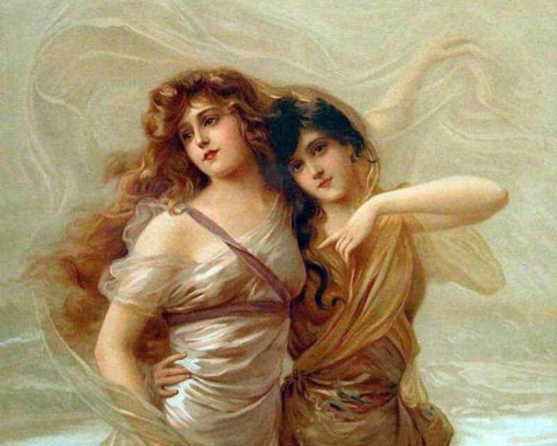 Two Women in Flowing Robes — White
