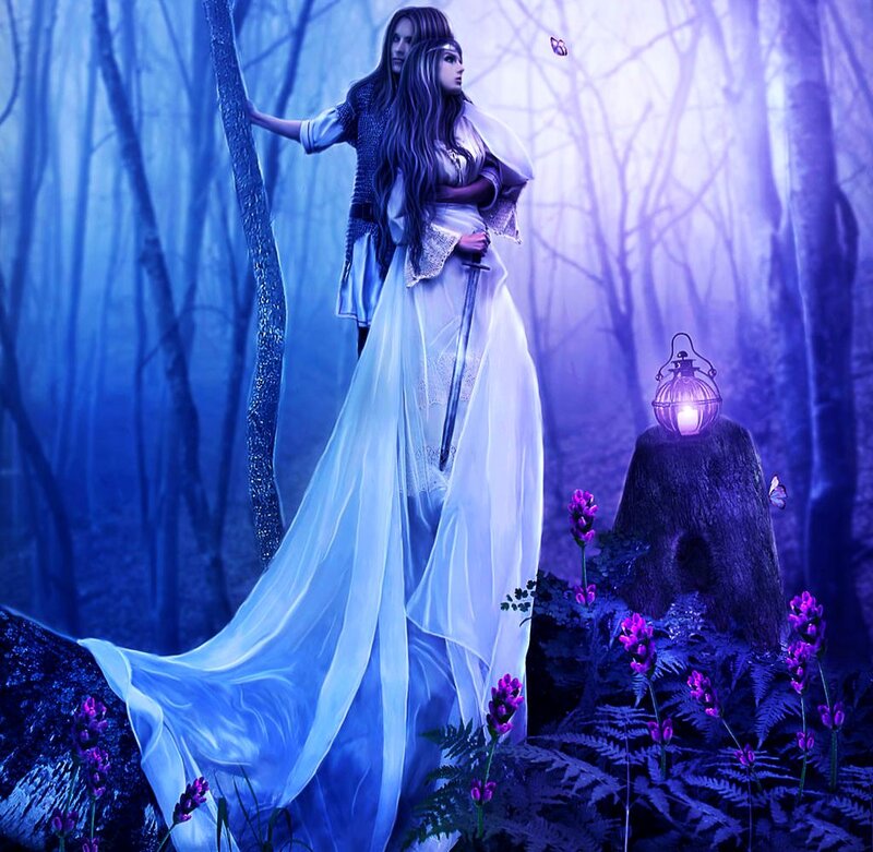 Two Women in Forest — Blue, Mystical, Night