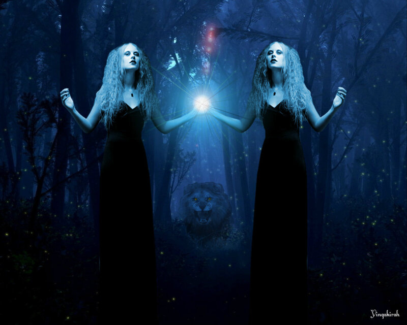 Two Women in Forest — Blue, Mystical