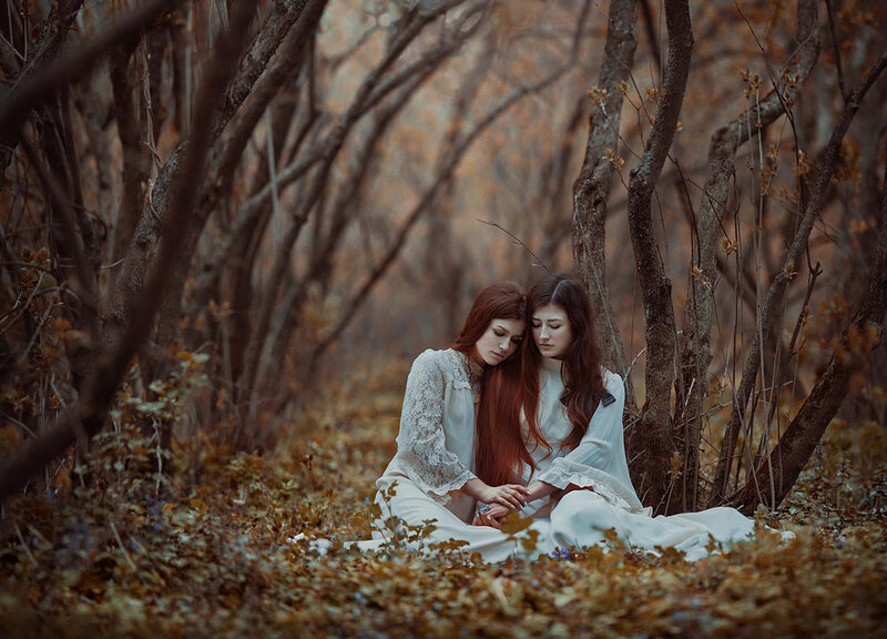 Two Women in Forest — Brown, Somber
