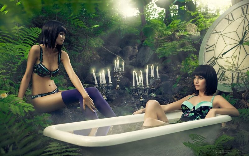 Two Women in Forest — Green, Dreamy