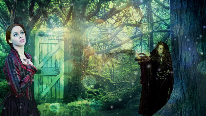 Two Women in Forest — Green, Mysterious, Digital Art