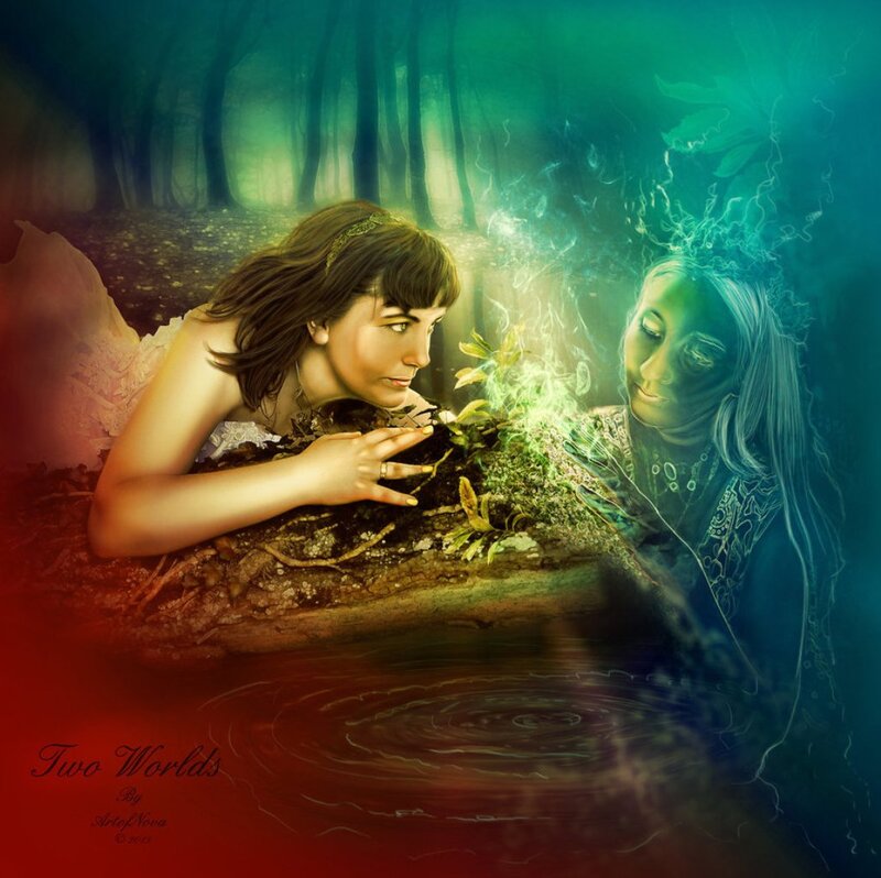Two Women in Forest — Green, Mystical, Night
