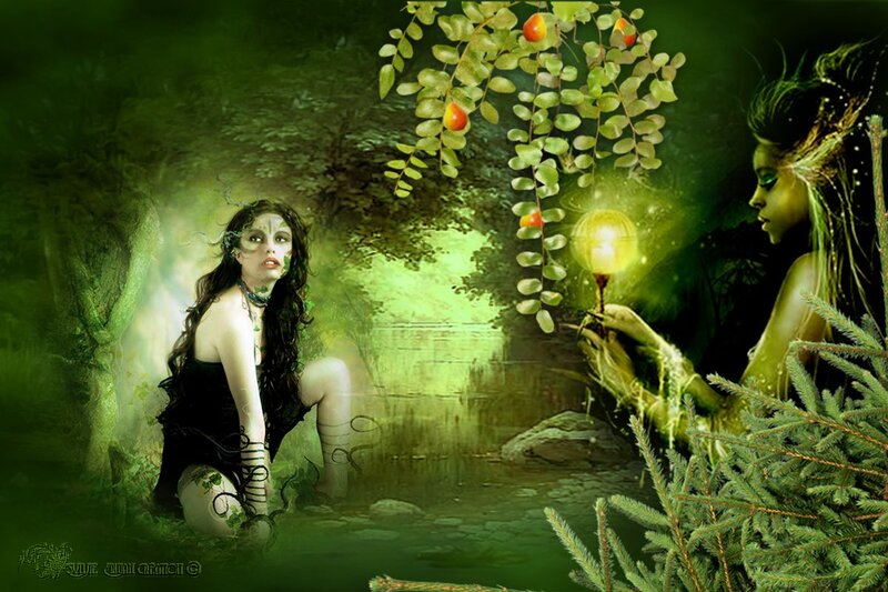 Two Women in Forest — Green, Mystical