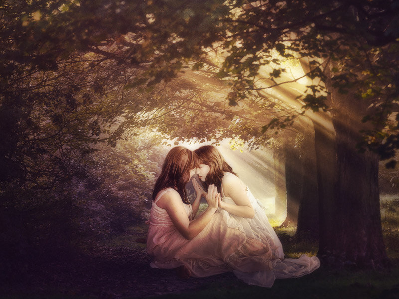 Two Women in Forest — Green, Serene, Afternoon, Photograph