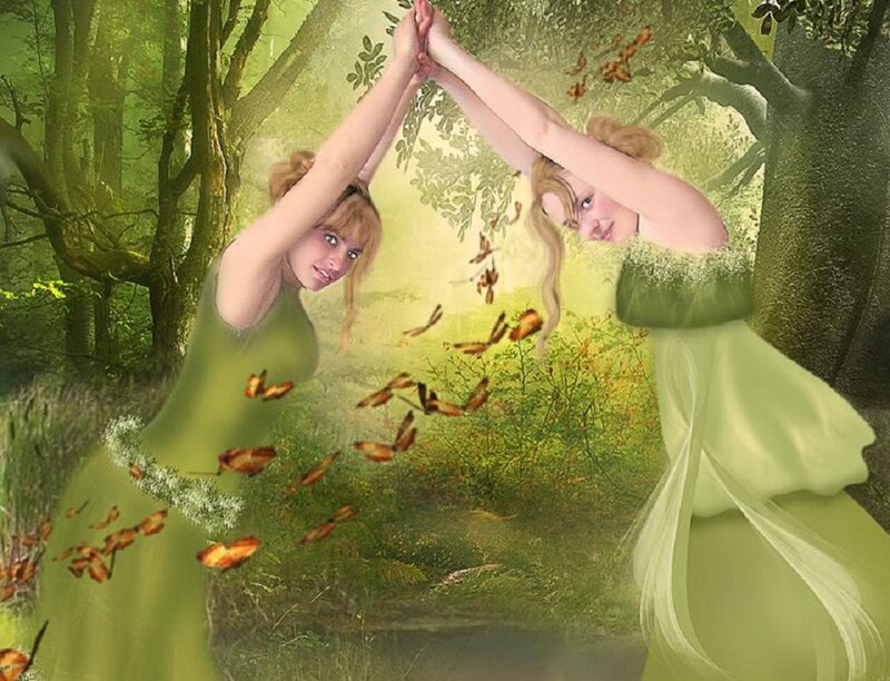 Two Women in Forest — Green, Serene, Afternoon