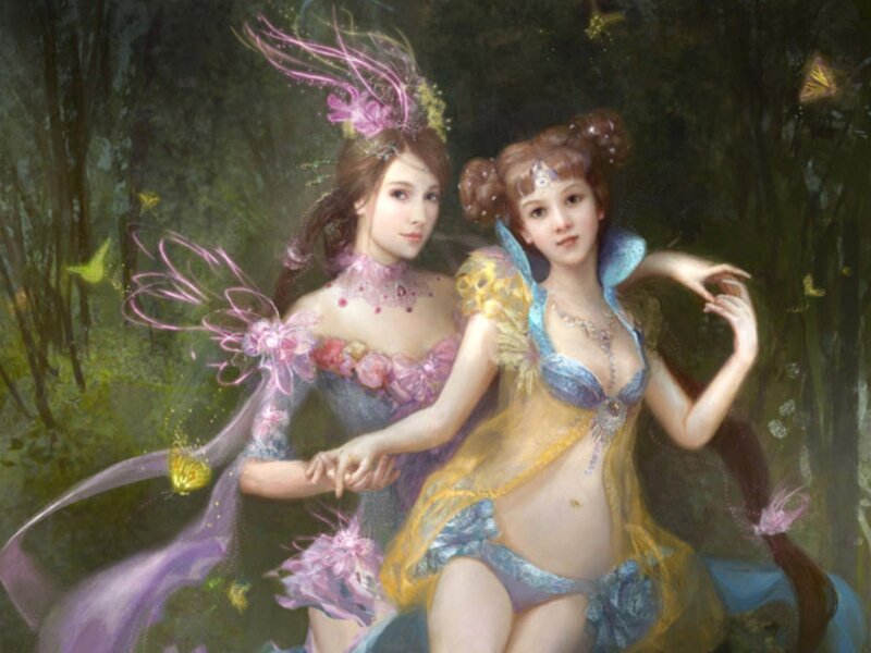 Two Women in Forest — Green, Serene, Digital Art, Butterflies