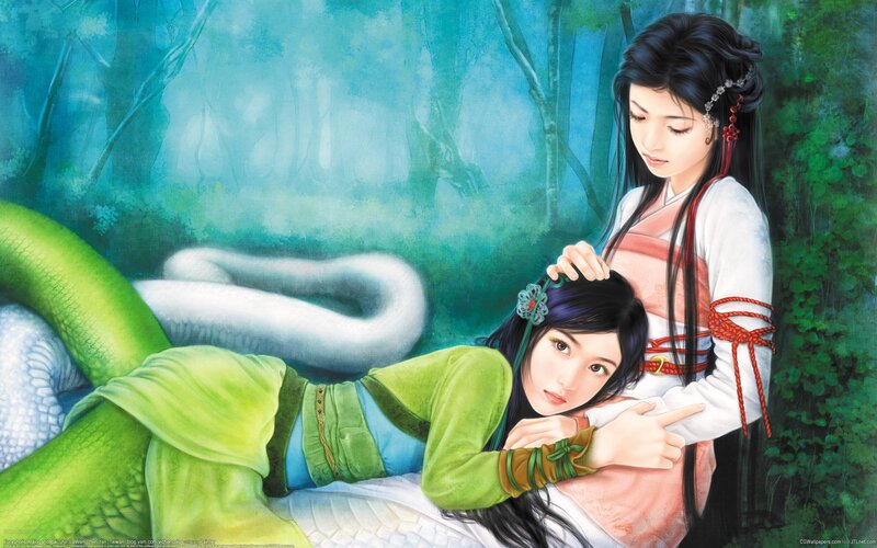 Two Women in Forest — Green, Serene, Digital Art